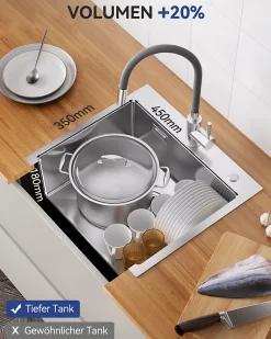 Évier de Cuisine inox brossé 50 x 45 cm, SOFETIY MAX Évier 1 Bac, Lavabo Cuisine Montage Encastré ou Supérieur, Évier carré