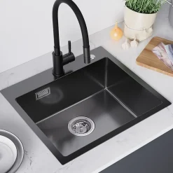 Évier de Cuisine inox brossé 50 x 45 cm, SOFETIY MAX Évier 1 Bac Noir, Lavabo Cuisine Montage Encastré ou Supérieur, Évier carré
