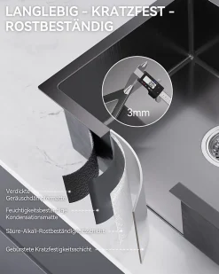 Évier de Cuisine inox brossé 50 x 45 cm, SOFETIY MAX Évier 1 Bac Noir, Lavabo Cuisine Montage Encastré ou Supérieur, Évier carré