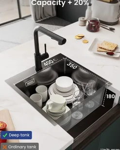 Évier de Cuisine Noir 45 x 45 cm, SOFETIY MAX Évier en inox brossé, Évier 1 Bac, Lavabo Cuisine Montage Encastré ou Supérieur