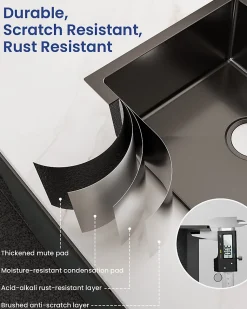 Évier de Cuisine Noir 45 x 45 cm, SOFETIY MAX Évier en inox brossé, Évier 1 Bac, Lavabo Cuisine Montage Encastré ou Supérieur