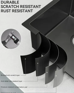 Évier de Cuisine Noir 40 x 45 cm, SOFETIY MAX Évier en inox brossé, Évier 1 Bac, Lavabo Cuisine Montage Encastré ou Supérieur