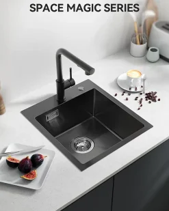 Évier de Cuisine Noir 40 x 45 cm, SOFETIY MAX Évier en inox brossé, Évier 1 Bac, Lavabo Cuisine Montage Encastré ou Supérieur