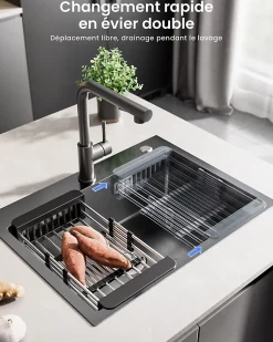 Évier de Cuisine Noir 60 x 45 cm, SOFETIY MAX Évier en Inox Brossé, Évier 1 Bac avec Panier de Drainage , Évier à Encastrer