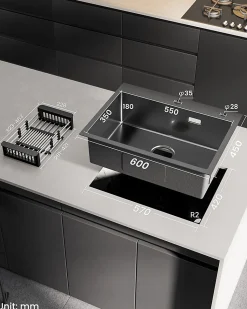 Évier de Cuisine Noir 60 x 45 cm, SOFETIY MAX Évier en Inox Brossé, Évier 1 Bac avec Panier de Drainage , Évier à Encastrer