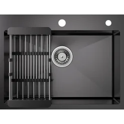 Évier de Cuisine Noir 60 x 45 cm, SOFETIY MAX Évier en Inox Brossé, Évier 1 Bac avec Panier de Drainage , Évier à Encastrer