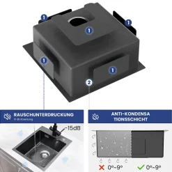 Évier de Cuisine 40x 45 cm, CECIPA MAX Évier carré en inox brossé, Évier 1 Bac, Lavabo Cuisine Montage Encastré ou Supérieur