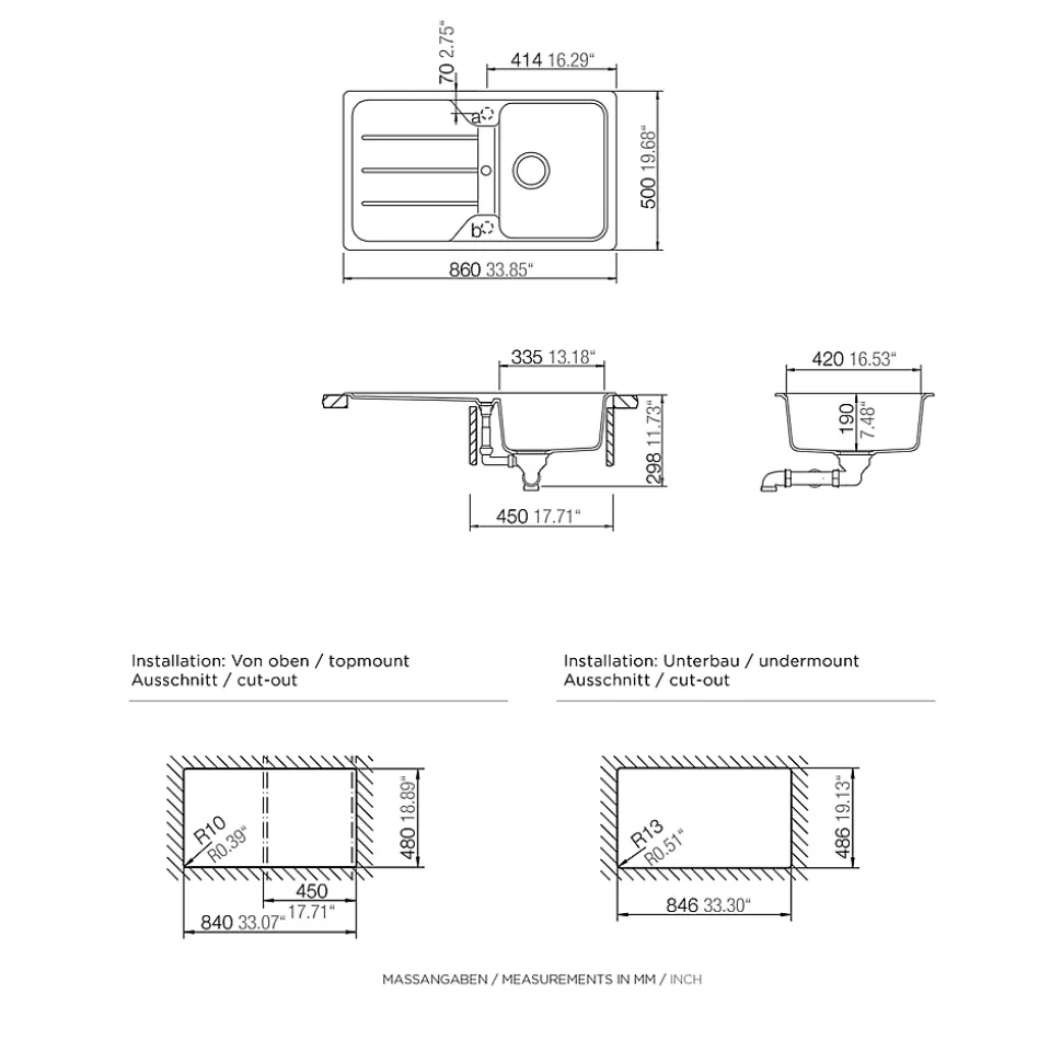 Évier en composite de quartz noir 1 bac à encastrer Arber