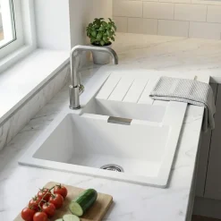 Évier en composite de quartz blanc 1,5 bacs à encastrer Galvani