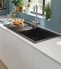 Évier en composite de quartz noir 1 bac + égouttoir Cooke & Lewis Galvani