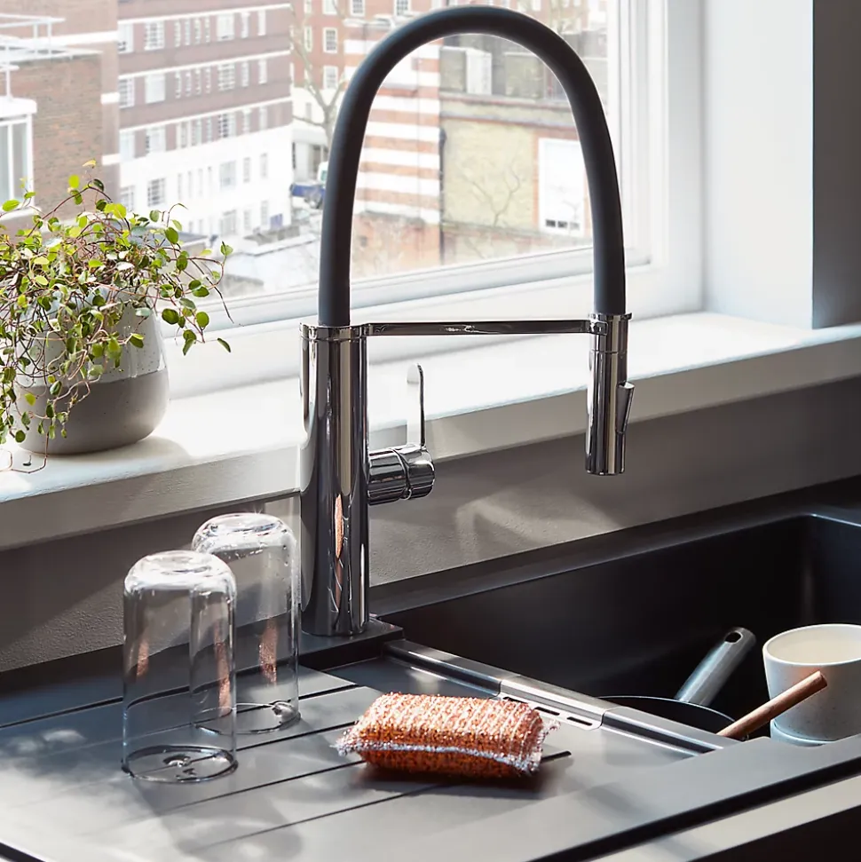 Évier en composite de quartz noir 1 bac + égouttoir Cooke & Lewis Galvani