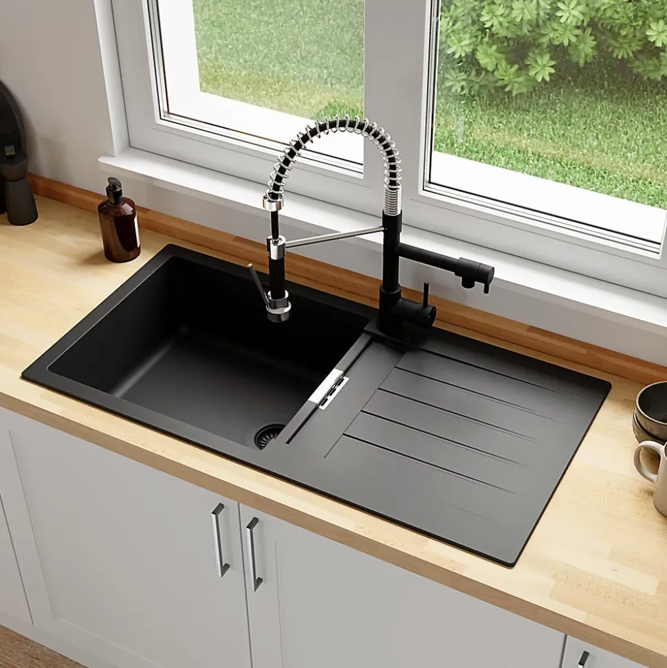 Évier en composite de quartz noir 1 bac + égouttoir Cooke & Lewis Galvani