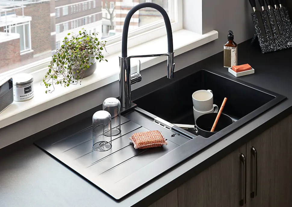 Évier en composite de quartz noir 1 bac + égouttoir Cooke & Lewis Galvani