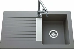 Évier en Naturalite à encastrer,1 bac, 1 égouttoir - TREVISE - Dimensions: 860x500 mm - Profondeur: 195 mm - BLANC