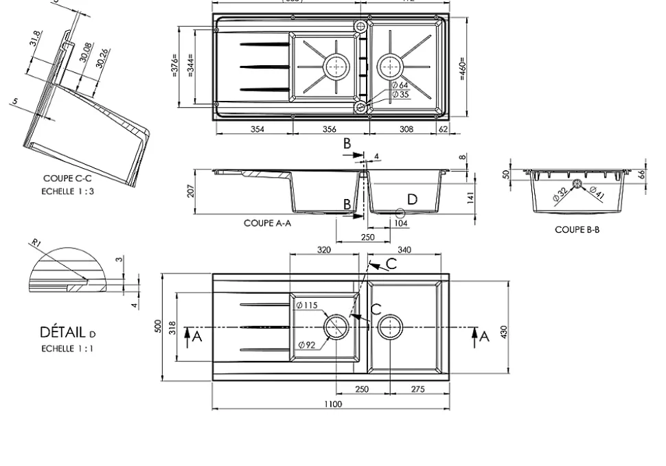 Évier en résine blanche mat 2 bacs à encastrer Ising