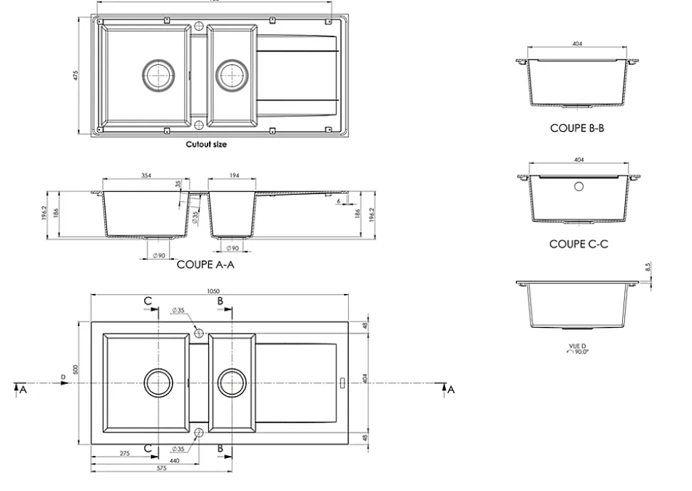 Évier en résine noire 2 bacs à encastrer Lavoisier L. 95,5 cm