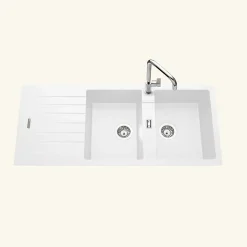 Évier granit blanc ALBEY 2 bacs 1 égouttoir