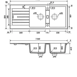 Évier granit blanc ALBEY 2 bacs 1 égouttoir