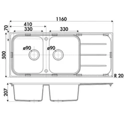 Évier granit gris Ewi OGLIO 2 bacs 1 égouttoir