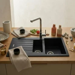 Évier granit noir ALBEY 1 bac et demi - 1 égouttoir