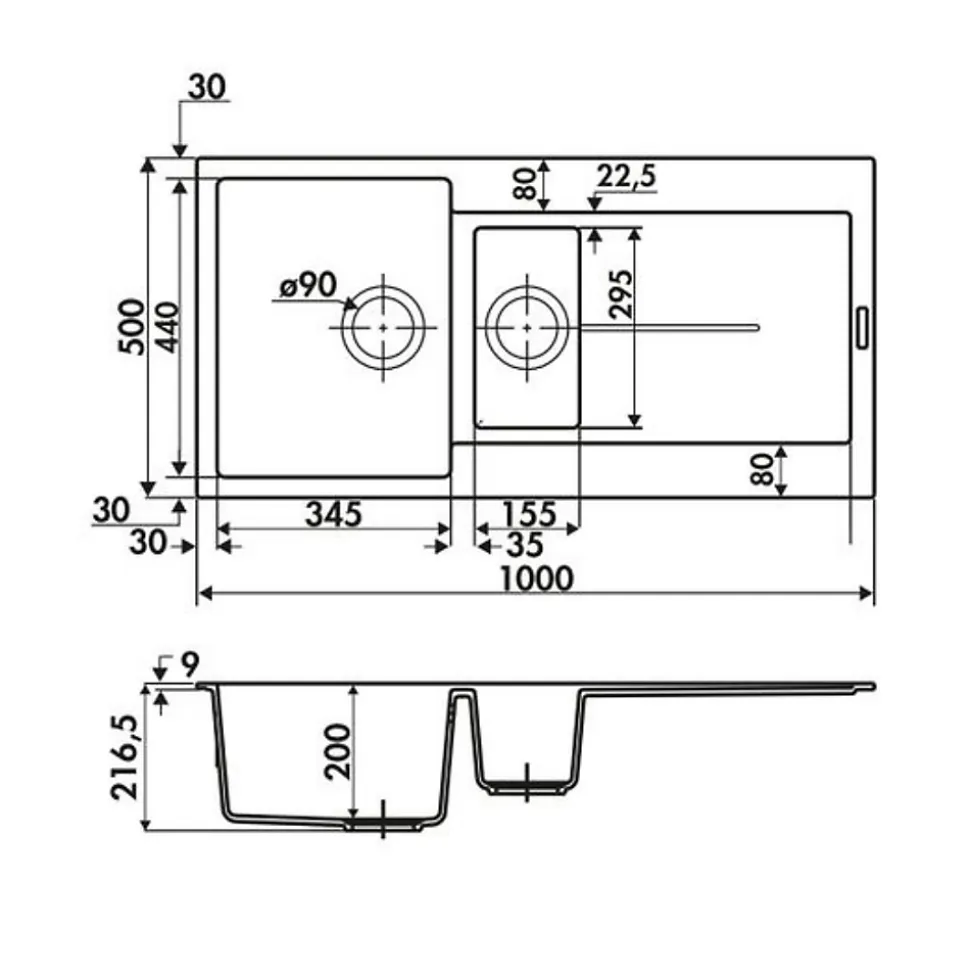 Évier granit noir Luisina TAM TAM 1 bac et demi - 1 égouttoir