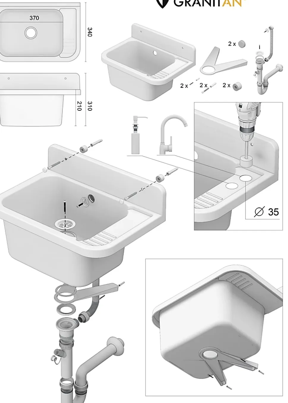 Évier Granitan Paron pour Buanderie, Chaufferie, Garage avec Siphon - 1 set