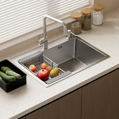 Évier Inox 1 Bac 55x45x19 cm Argent - Évier Encastrable Moderne, Facile à Nettoyer avec Panier & Percé