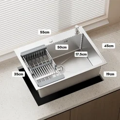 Évier Inox 1 Bac 55x45x19 cm Argent - Évier Encastrable Moderne, Facile à Nettoyer avec Panier & Percé