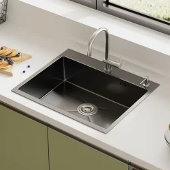 Évier Inox 1 Bac 50x45x22 cm Gris Métallisé - pour Petite Cuisine & Camping-car - Prépercé avec Filtre