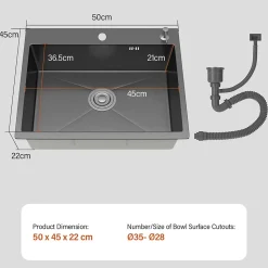 Évier Inox 1 Bac 50x45x22 cm Gris Métallisé - pour Petite Cuisine & Camping-car - Prépercé avec Filtre