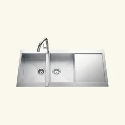 Évier inox lisse RIKAS 2 bacs 1 égouttoir