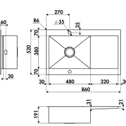 Évier inox lisse RIKAS 1 grand bac 1 petit égouttoir