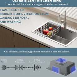 Évier multifonctionnel 70 x 45 x 22 cm avec égouttoir à tasses, distributeur de savon, panier de rangement et planche à découper