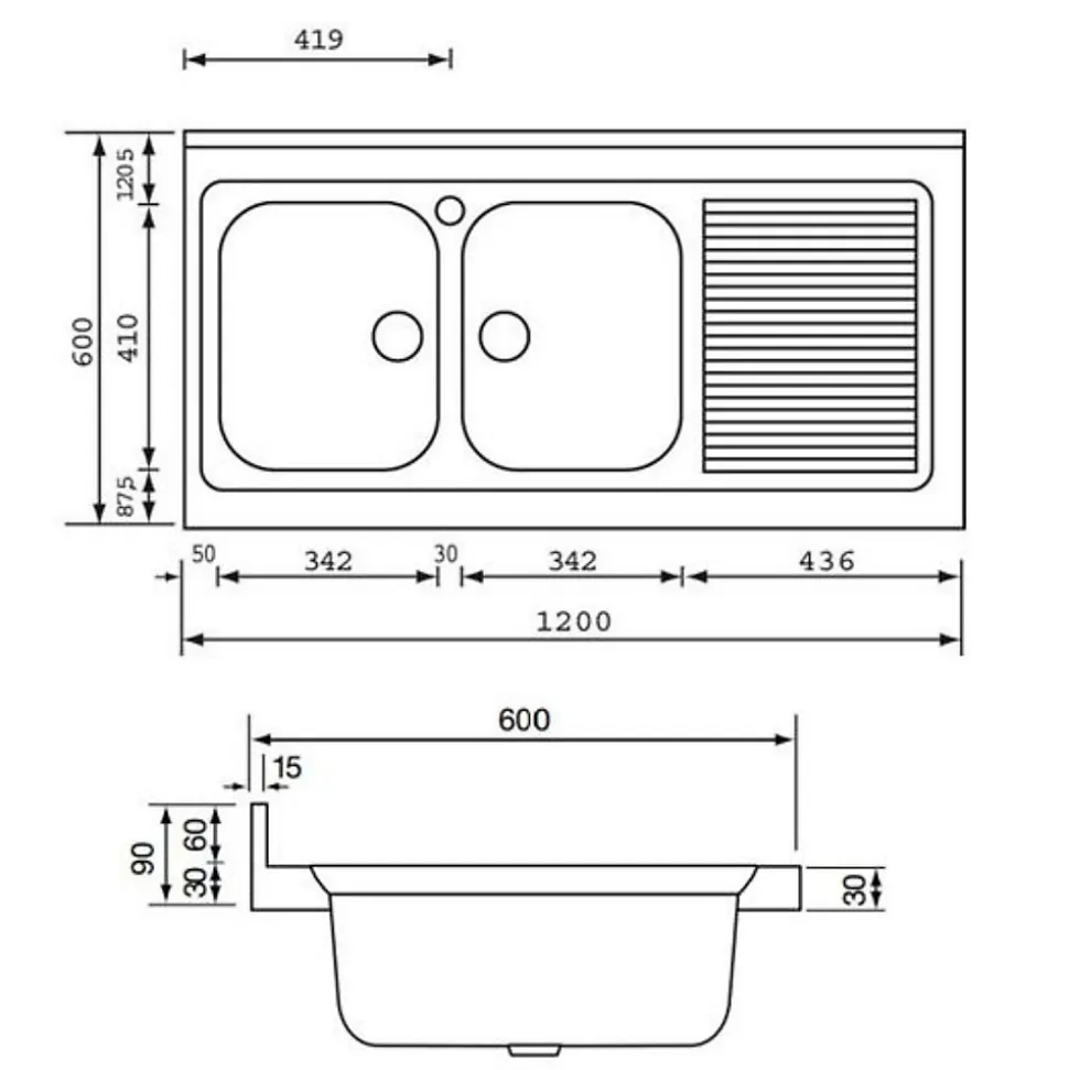 Évier professionnel à poser inox ROSSA 2 bacs 1 égouttoir droite