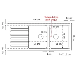 Évier RESIROC avec 2 bacs + égouttoir 116cm - gris