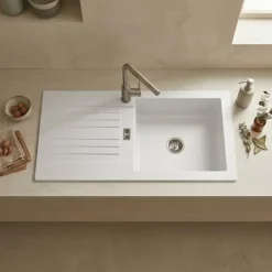 Évier résine blanc PLUTON 1 grand bac 1 égouttoir