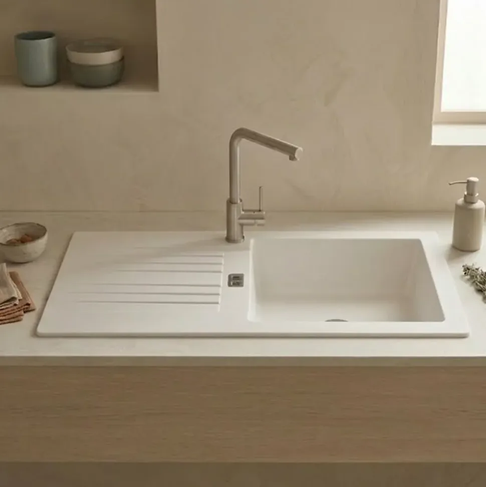 Évier résine blanc PLUTON 1 grand bac 1 égouttoir