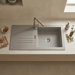 Évier résine gris béton PLUTON 1 grand bac 1 égouttoir