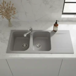 Évier résine gris clair Ewi ZIGGY 2 bacs 1 égouttoir