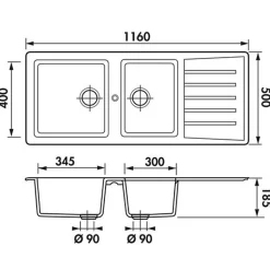 Évier résine noir Ewi EMERAUDE 2 bacs 1 égouttoir