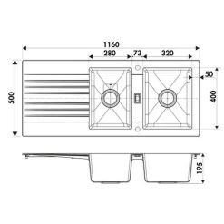Évier résine noir PLUTON 2 bacs 1 égouttoir
