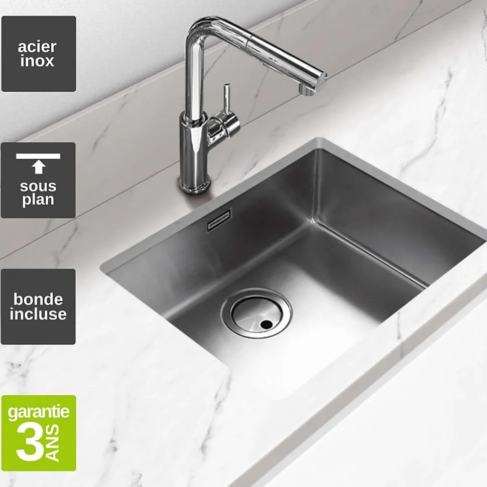 Évier sous-plan 1 Cuve 50x40x20cm R25mm - Acier inox 18/10 - ZNTop FRÉCAN