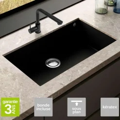 Évier sous-plan 1 Cuve 72x40x20cm R5mm - Quartz Noir Mat - Kera BE FRÉCAN