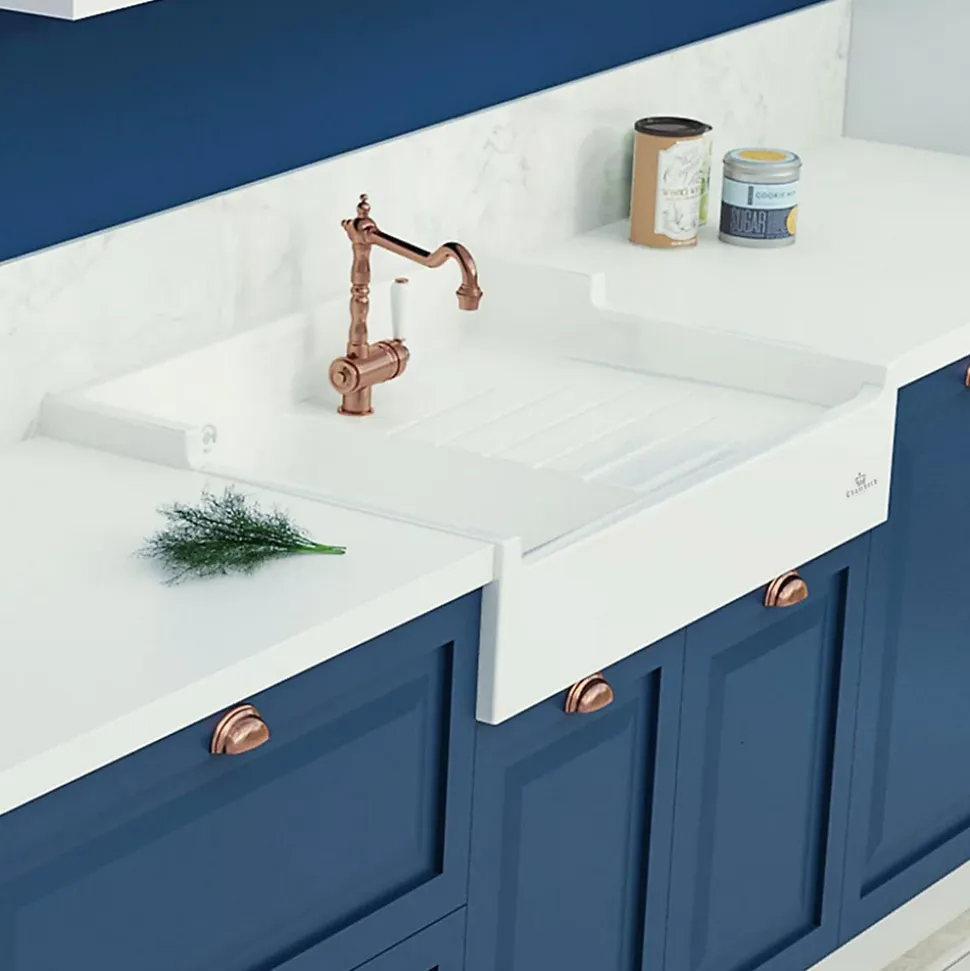 Évier timbre d'office céramique blanc LÉON 1 bac 1 égouttoir