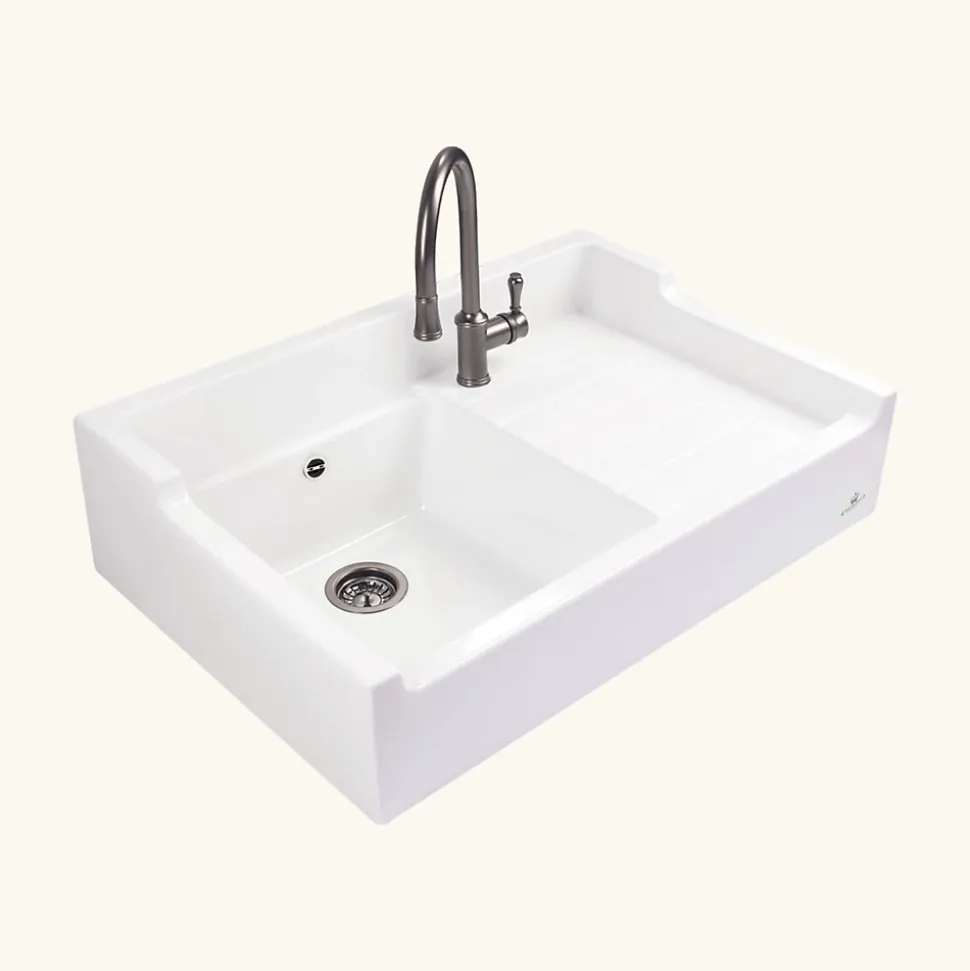 Évier timbre d'office céramique blanc LÉON 1 bac 1 égouttoir