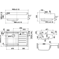 Évier timbre d'office céramique blanc LÉON 1 bac 1 égouttoir