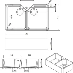 Évier timbre d'office céramique blanc Sanindusa FARMHOUSE 2 bacs 793x491