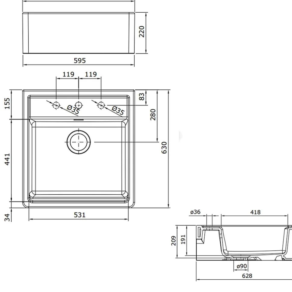 Évier timbre d'office céramique Sanindusa BUTLER blanc 595x630