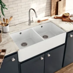 Évier timbre d'office céramique blanc Sanindusa FARMHOUSE 2 bacs 895x460