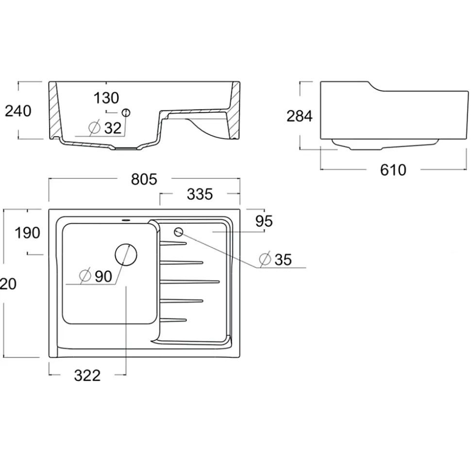 Évier timbre d'office céramique blanc AIMÉ 1 bac - égouttoir à droite